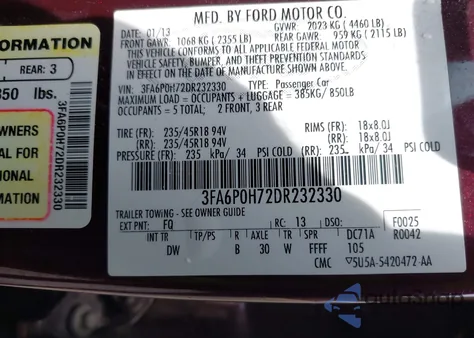 2013 Ford Fusion Se from USA, damaged, VIN 3FA6P0H72DR232330